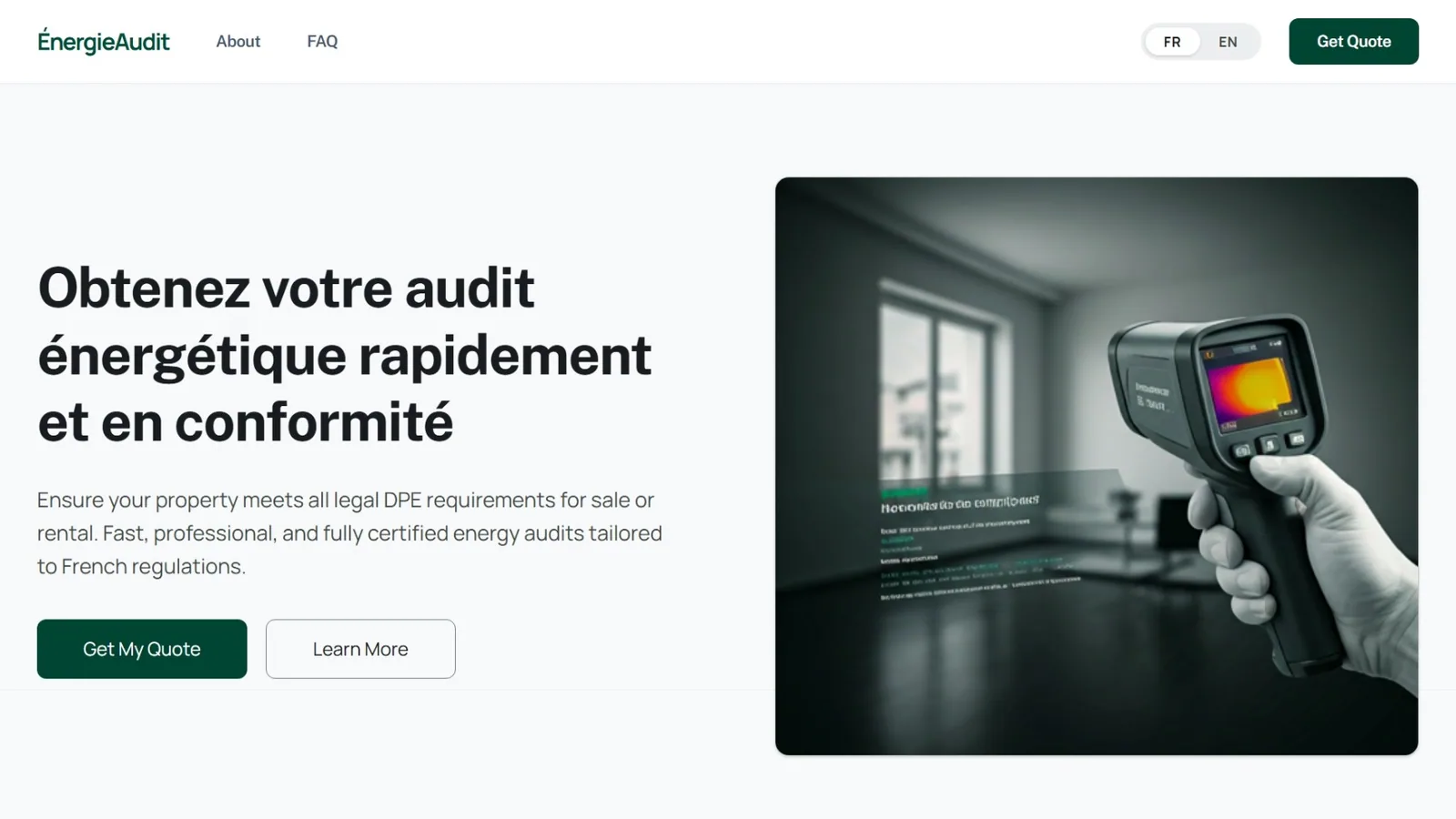 Energy Audit Web homepage with audit service introduction and thermal camera imagery