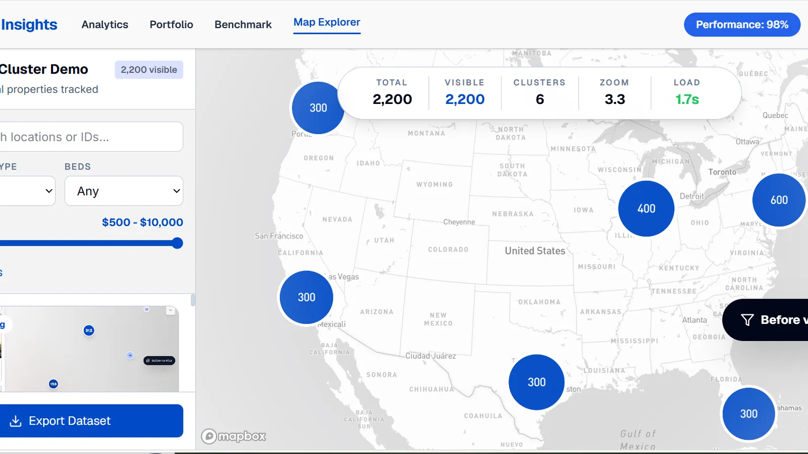 GeoProp Insights map explorer with clustered rental properties and filters