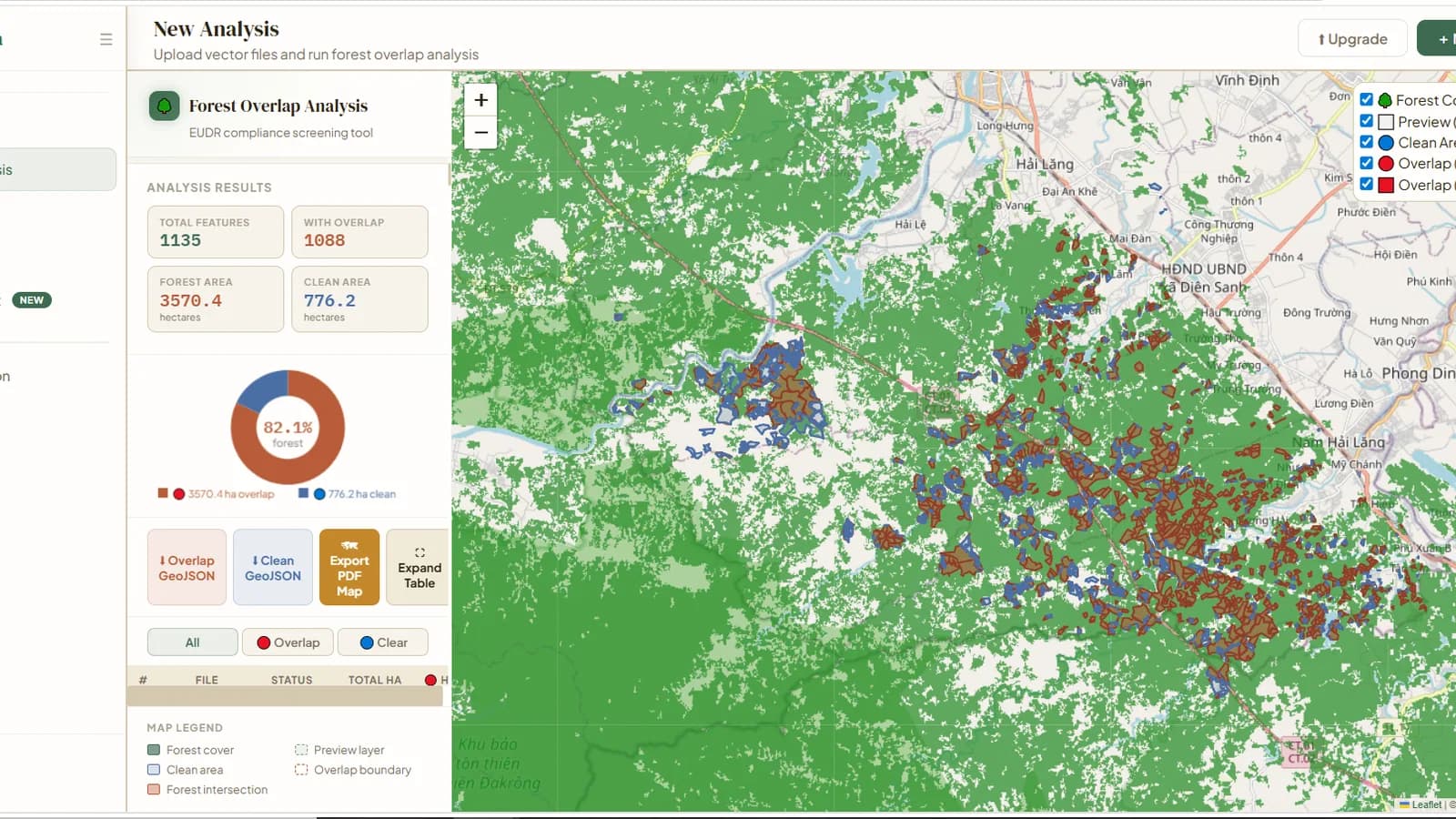 Ploterra analysis result showing parcel overlap against forest-cover raster data